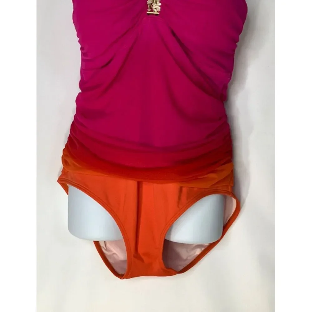 Ralph Lauren Swimsuit One‎ Piece Sz 12 Orange Pink Ruffle Halter Rhinestones